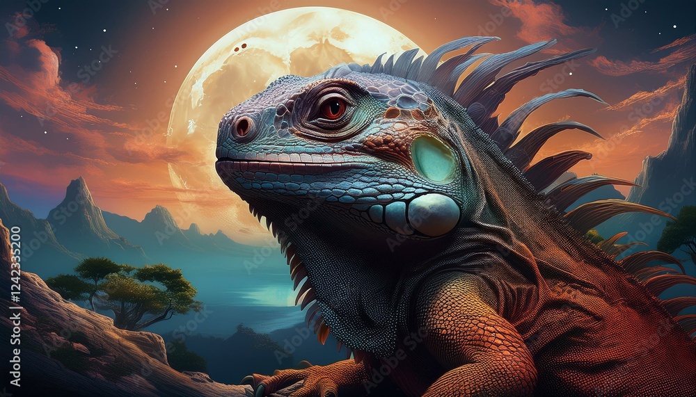 Iguana in a brown dreamy mood with the big full moon Iguana in a brown dreamy mood with the big full moon
