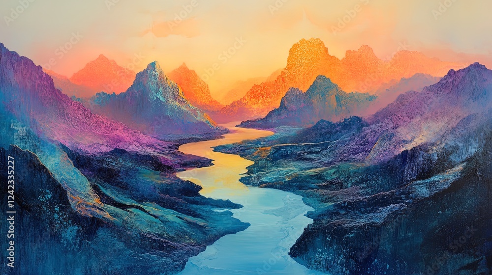 Obraz premium A surreal oil-paint valley with glowing rivers cutting through soft pastel landscapes