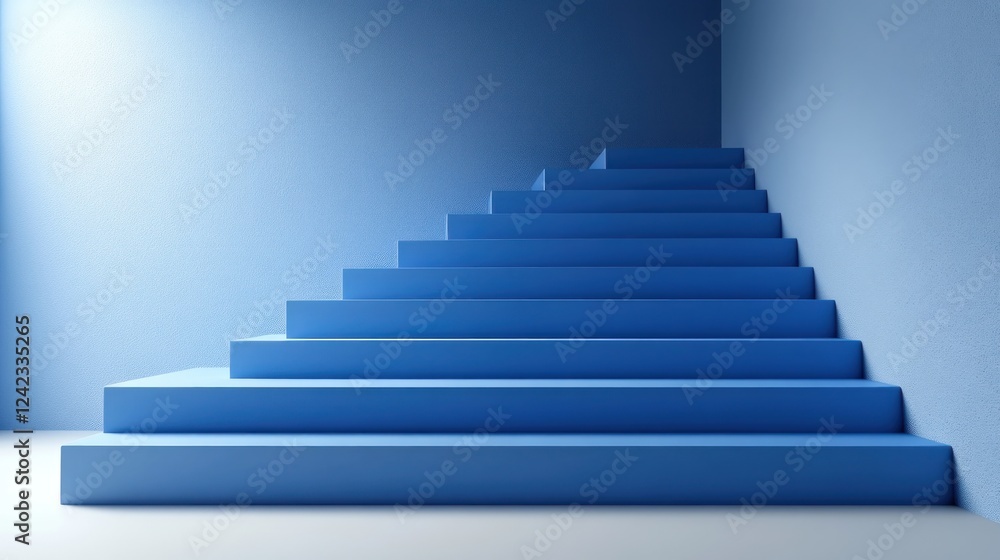Blue stairs climb wall, light source, upward path, ideal for metaphoric uses Blue stairs climb wall, light source, upward path, ideal for metaphoric uses
