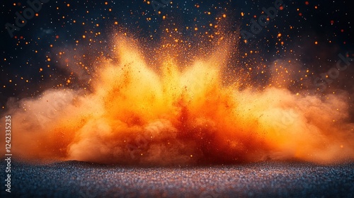 Orange powder erupts on dark surface; particles disperse against blurred backdrop. Use graphics