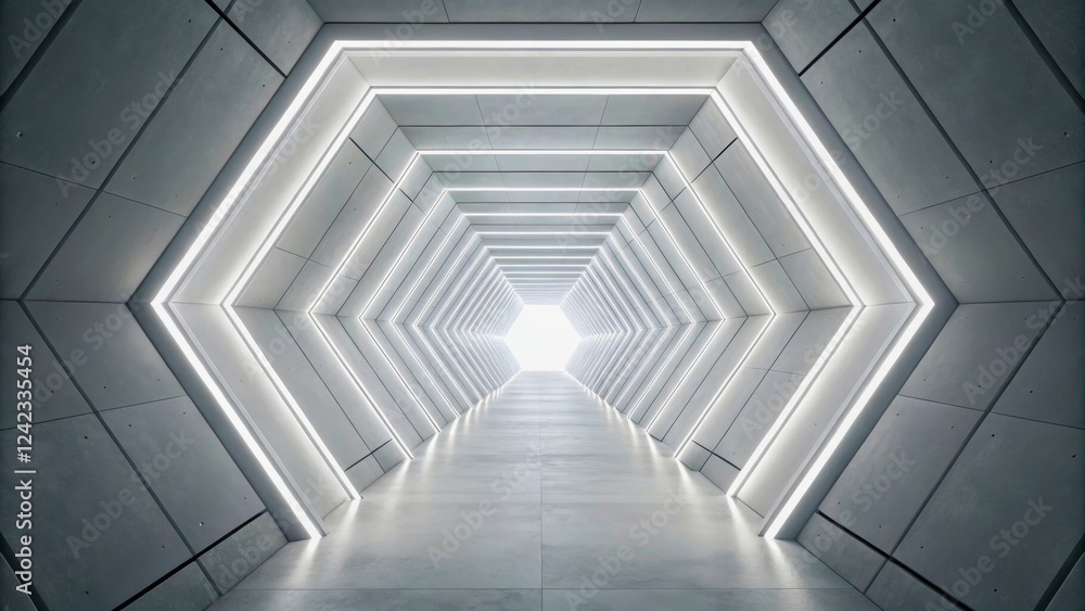 Fototapeta premium Hexagonal Tunnel with Futuristic Neon Lights and Bright Light Source at End