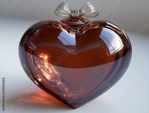 Glass heart, bow on a surface Love, care, gift. Window, light shining, bokeh