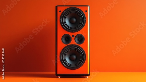 Orange speaker playing sound, studio backdrop, for audio, music or multimedia