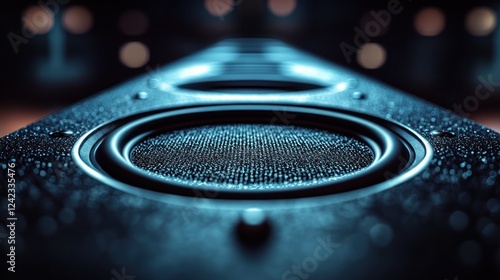 Speaker emitting sound, focus foreground, blurred lights back, tech use