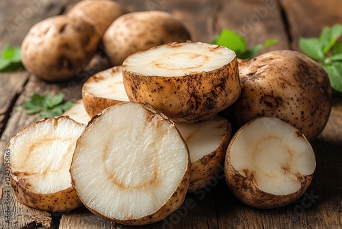 Cut potatoes on wood, whole, background leaves; recipe, ingredient, cooking use
