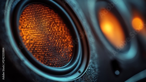 Speakers glow, closeup, a dark stage, for music event ad, glowing