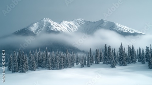 Snowy mountains with fog and trees below, winter scene for travel ads
