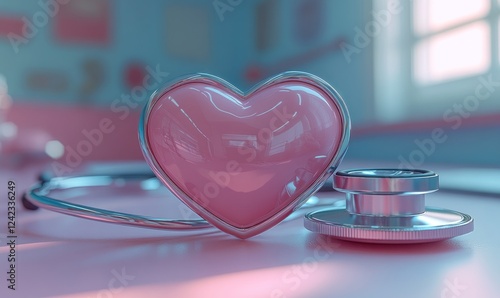 Heart symbol lies on a table near a stethoscope, interior office, medical theme