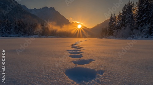 Footprints lead to sunrise on snowy lake surrounded by mountains and trees