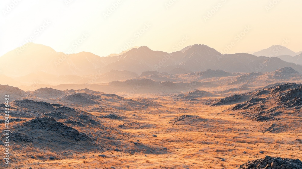 Naklejka premium Serene Desert Landscape at Sunset with Silhouetted Mountains and Warm Golden Tones in the Horizon