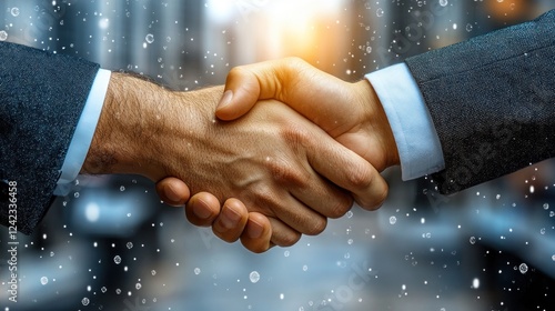 Business handshake in city, winter snow overlay, for partnerships, collaboration