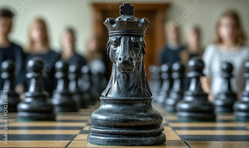 Chess piece standing on board, blurred people watching for strategy concept