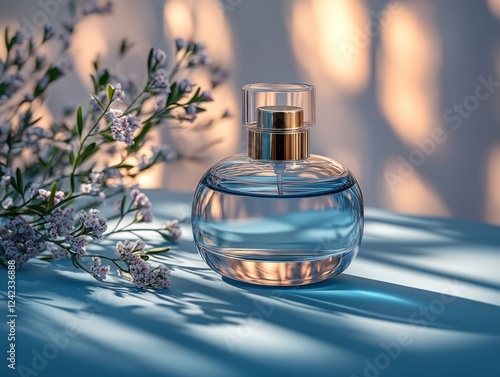 Perfume bottle on table, floral branch near, light and shadow wall backdrop