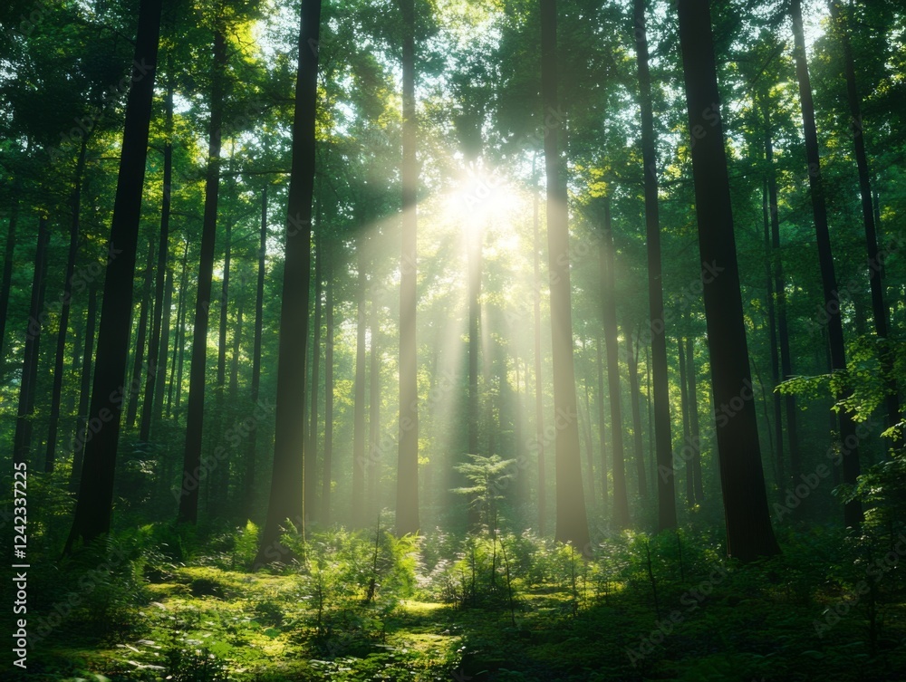 Obraz premium Enchanting Forest with Sunlight Beams