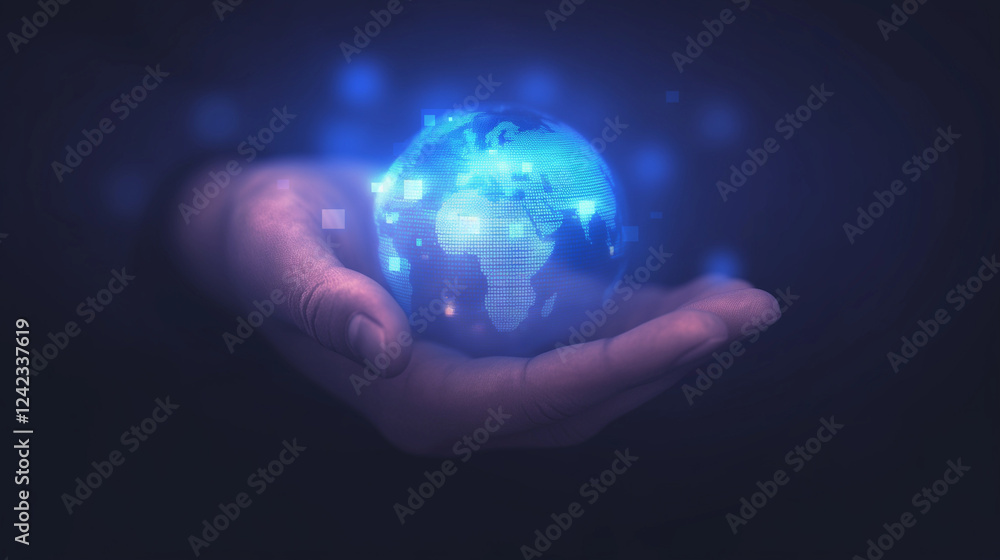 Global Connection in Hand: Digital World Map on Palm with Data Points
Global Connection in Hand: Digital World Map on Palm with Data Points