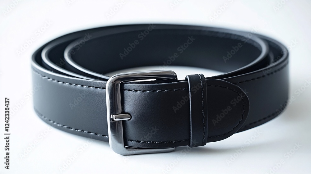 Black leather belt with metal buckle on white background Black leather belt with metal buckle on white background