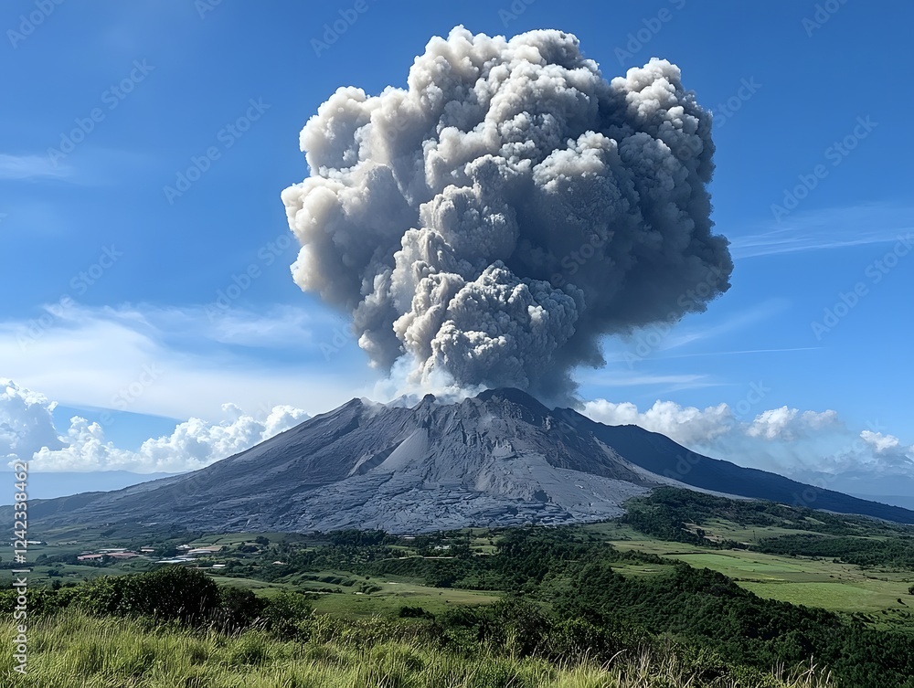 Obraz premium Powerful Volcanic Eruption Spewing Thick Ash and Smoke into the Blue Sky