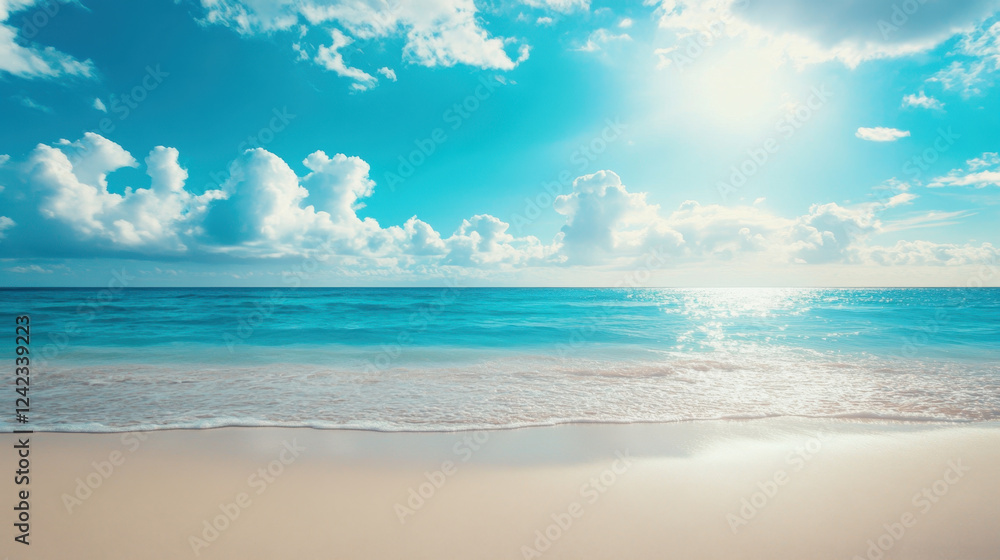 serene beach scene with clear blue water, soft waves, and fluffy clouds under bright sky. tranquil atmosphere invites relaxation and enjoyment of nature beauty serene beach scene with clear blue water, soft waves, and fluffy clouds under bright sky. tranquil atmosphere invites relaxation and enjoyment of nature beauty