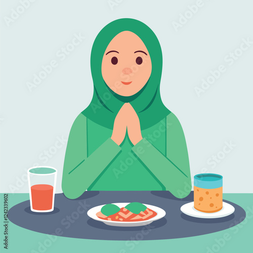 Muslim woman in prayerful pose enjoying a peaceful moment.