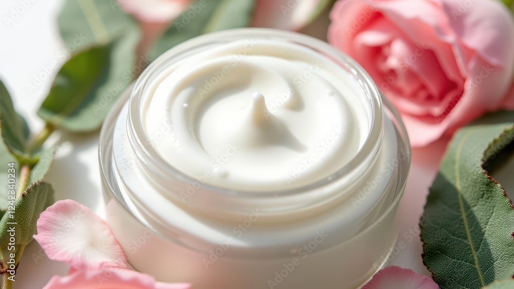 Close-up of luxurious face cream in a glass jar, surrounded by delicate pink roses and green leaves. Generative AI Close-up of luxurious face cream in a glass jar, surrounded by delicate pink roses and green leaves. Generative AI