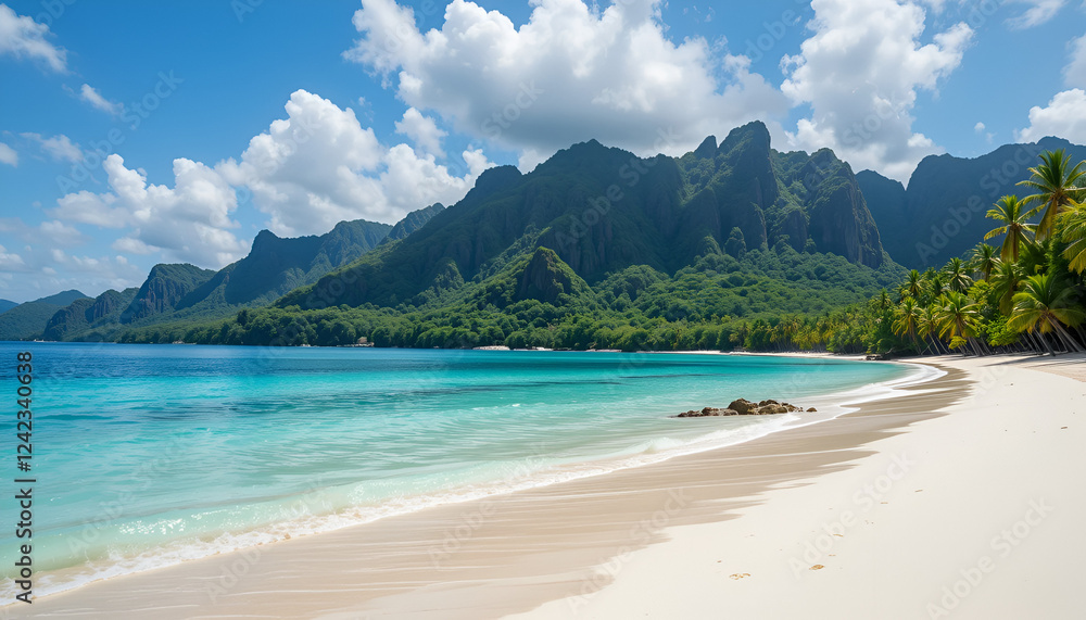 Obraz premium A tropical beach with soft white sand, crystal-clear turquoise waters, and lush green mountains towering in the background.
