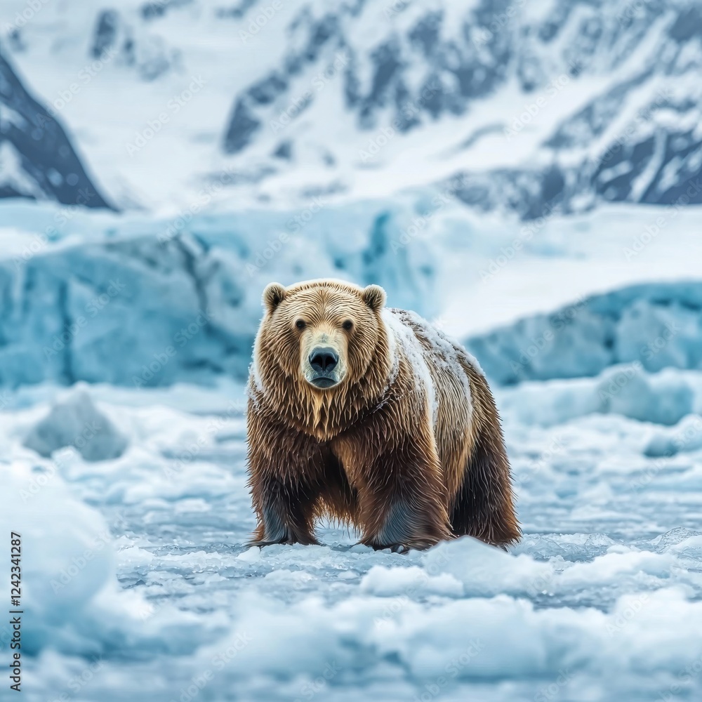 Obraz premium Brown bear standing in a snowy landscape during winter season