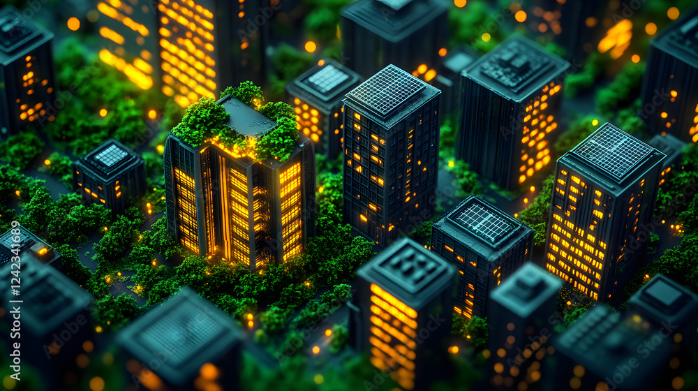 Post-carbon society future cityscape twilight light with urban greenery Post-carbon society future cityscape twilight light with urban greenery