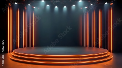 Minimalist modern virtual stage with orange neon lights on the sides of a circular podium, set against a dark background with a front spotlight. A sleek and futuristic space designed for product