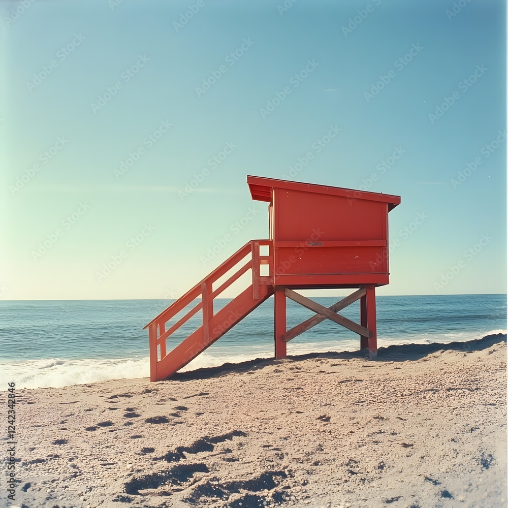 Solitary Red Lifeguard Tower on Tranquil Beach with Serene Ocean Horizon Solitary Red Lifeguard Tower on Tranquil Beach with Serene Ocean Horizon