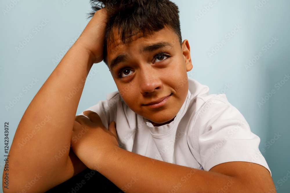 Young boy with thoughtful Young boy with thoughtful