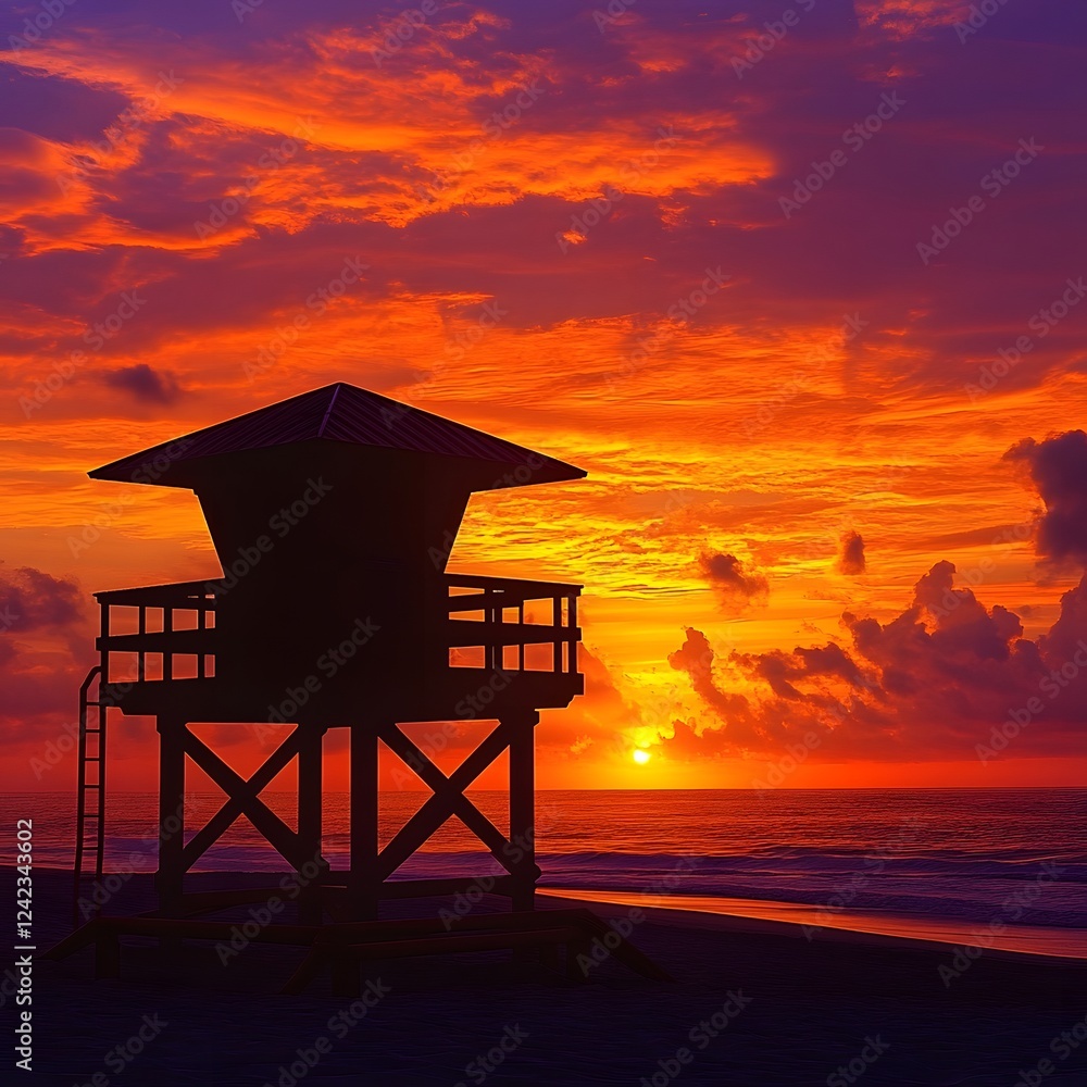 Vibrant Sunset Silhouette Lifeguard Tower Overlooking Tranquil Beach Scenery Vibrant Sunset Silhouette Lifeguard Tower Overlooking Tranquil Beach Scenery