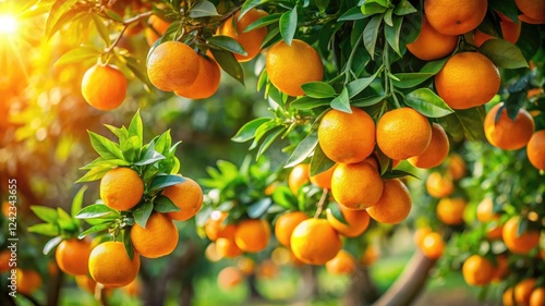 A lush orange tree with ripe, vibrant fruit hanging from its branches, capturing the beauty and abundance of nature in a rich.