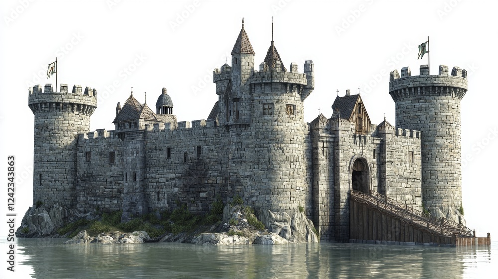 Fototapeta premium Majestic Medieval Castle Surrounded by Tranquil Waters with Stone Walls and Turrets Rising High Against a Clear Sky