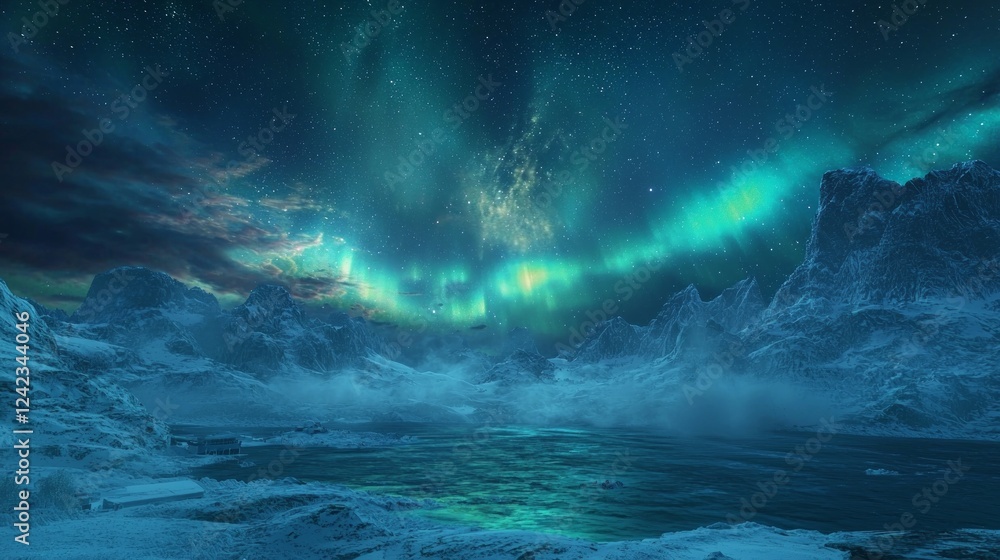 Naklejka premium Dazzling Aurora Dancing Over Hushed Wintry Landscape at Night
