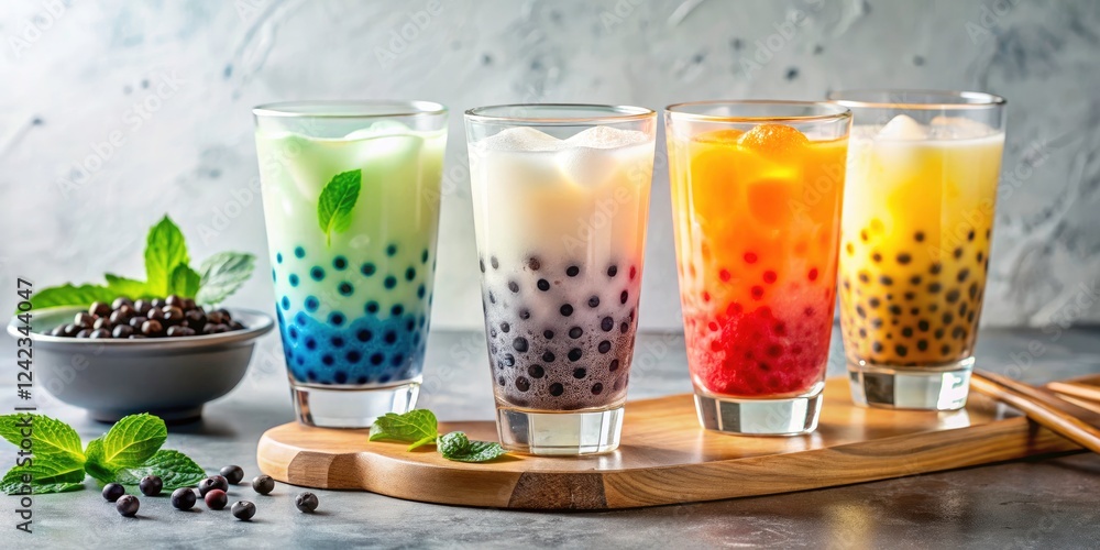 Refreshing Bubble Tea with Tapioca Pearls in Clear Glasses on a Bright Surface - Iced Boba Drink Isolated on White Background Refreshing Bubble Tea with Tapioca Pearls in Clear Glasses on a Bright Surface - Iced Boba Drink Isolated on White Background