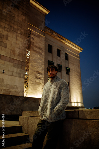 Man with fashion sweater at night photo