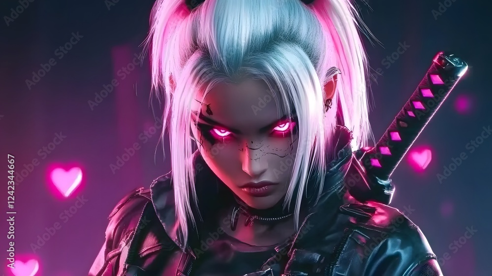 Fototapeta premium Futuristic cyberpunk female warrior with white hair and red eyes holding an electric katana. A fierce and powerful futuristic soldier in a neon-lit cityscape, blending sci-fi aesthetics with high-tech