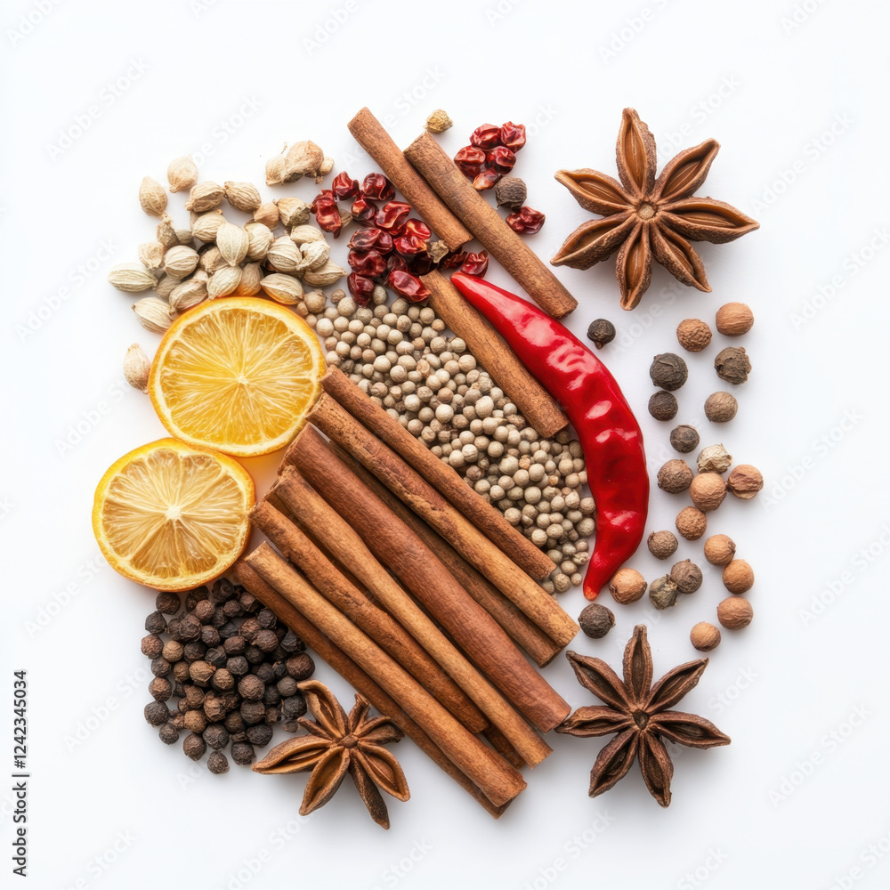 vibrant arrangement of spices including cinnamon sticks, star anise, dried chili, and citrus slices, showcasing rich variety of textures and colors. This composition evokes warmth and flavor vibrant arrangement of spices including cinnamon sticks, star anise, dried chili, and citrus slices, showcasing rich variety of textures and colors. This composition evokes warmth and flavor