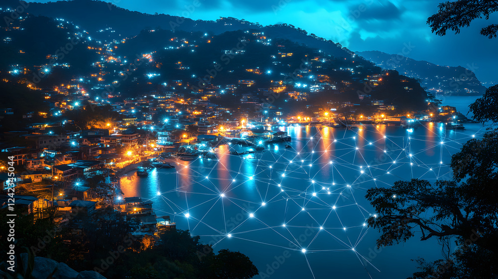 Obraz premium Microgrids in an urban area at night illuminated by city lights and water