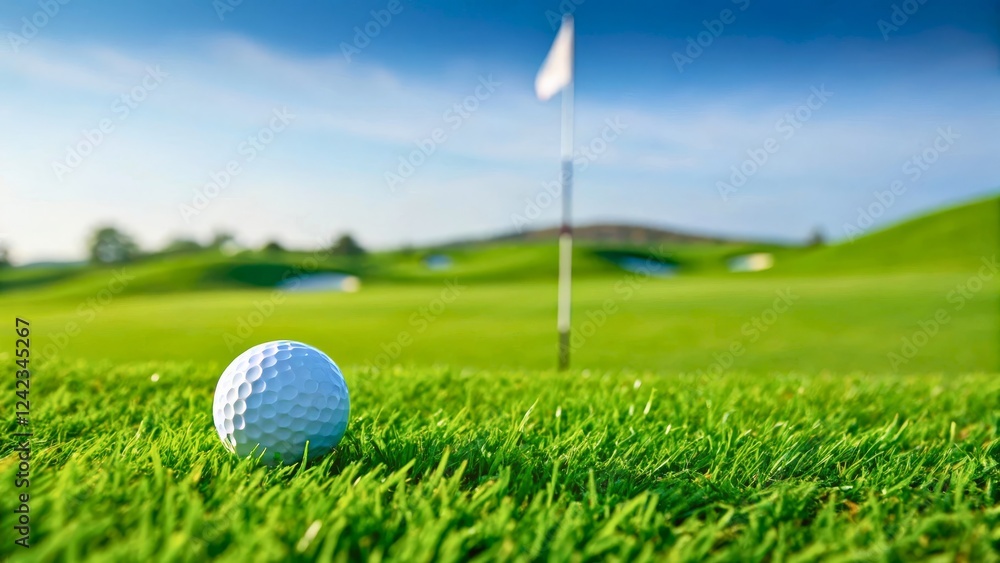 Obraz premium Golf Ball on Lush Green Grass with Flag in Background Under Clear Blue Sky