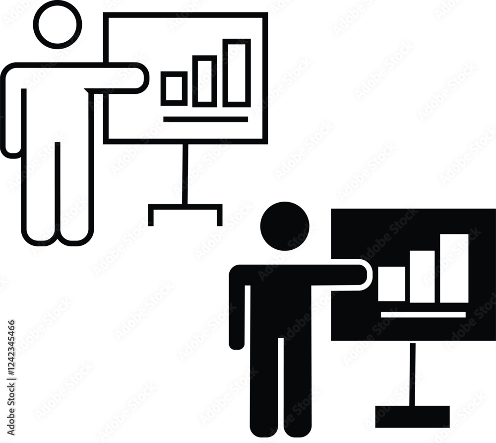 Person presenting a bar chart icon, representing business presentations and performance analysis with transparent background. Person presenting a bar chart icon, representing business presentations and performance analysis with transparent background.
