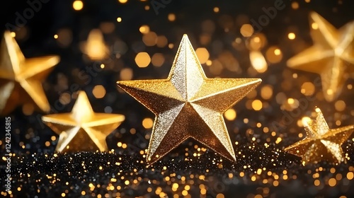 Golden stars and glittering bokeh lights on a black background, creating a luxurious and festive atmosphere. A perfect backdrop for cinematic achievements, gala nights, and commemorative milestones