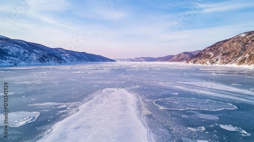Aerial View of Serene Frozen Lake Amidst Majestic Snow-Covered Mountains