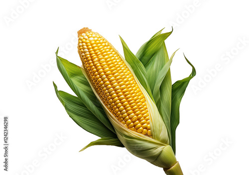 Single ear of corn with green husk isolated on a transparent or white background