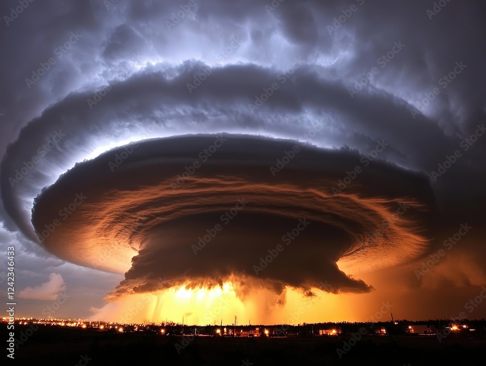 Dramatic storm cloud formation illuminated by lightning and glowing orange horizon. Dramatic storm cloud formation illuminated by lightning and glowing orange horizon.