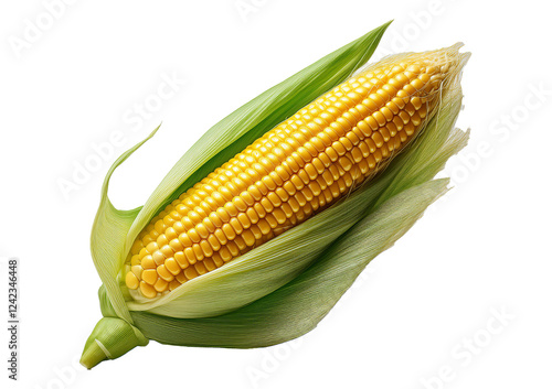 Single ear of corn with green husk isolated on a transparent or white background