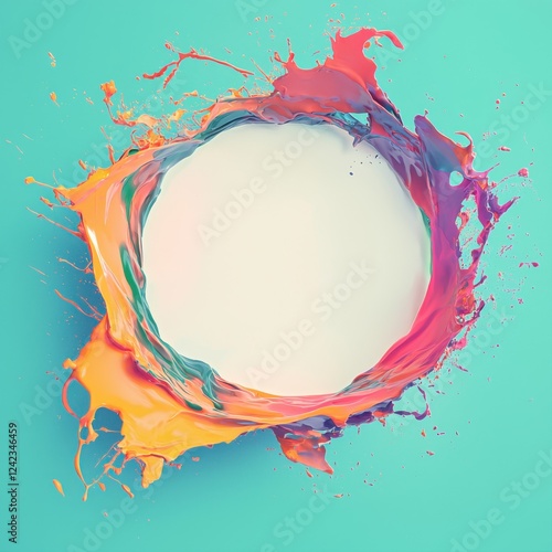 Circle of colorful paint splashing on a vibrant blue background