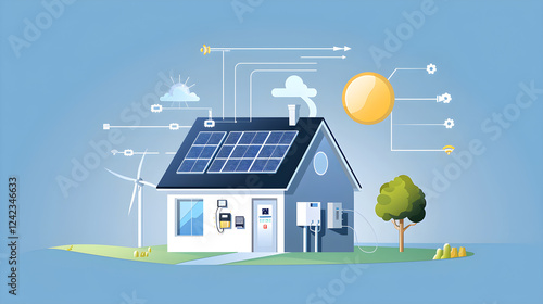 Infographic Representation of a PV Solar System Functioning and its Connection with Home and Grid