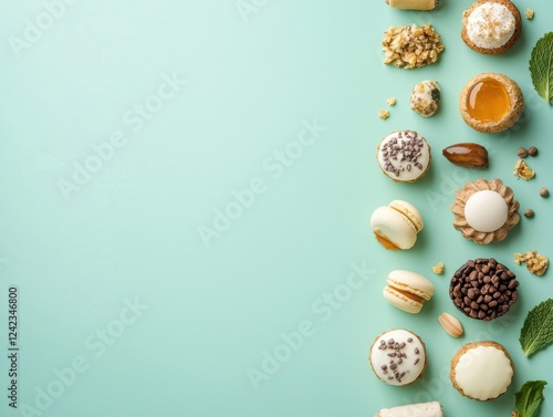 Various types of colorful macarons arranged on a light blue background for dessert presentation