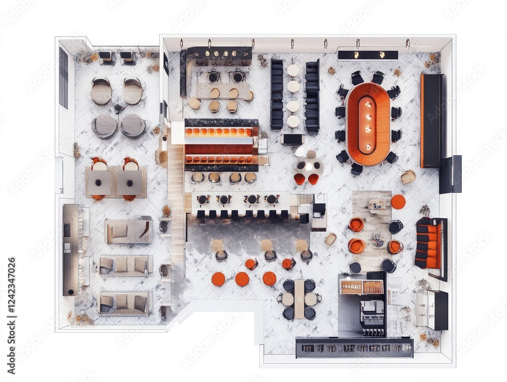 Modern Office Space Top View Design Plan: A Bird's Eye Perspective of an Innovative Workspace. Modern Office Space Top View Design Plan: A Bird's Eye Perspective of an Innovative Workspace.